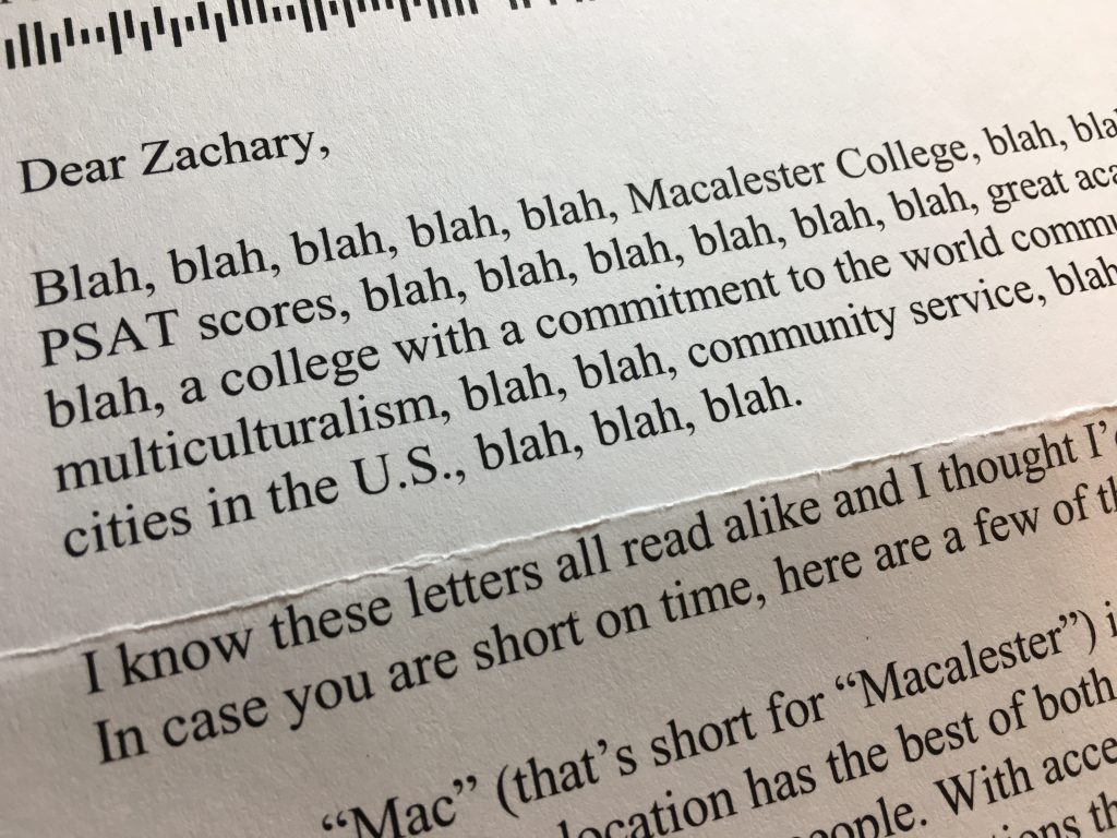 Macalaster College Letter - blah, blah, blah